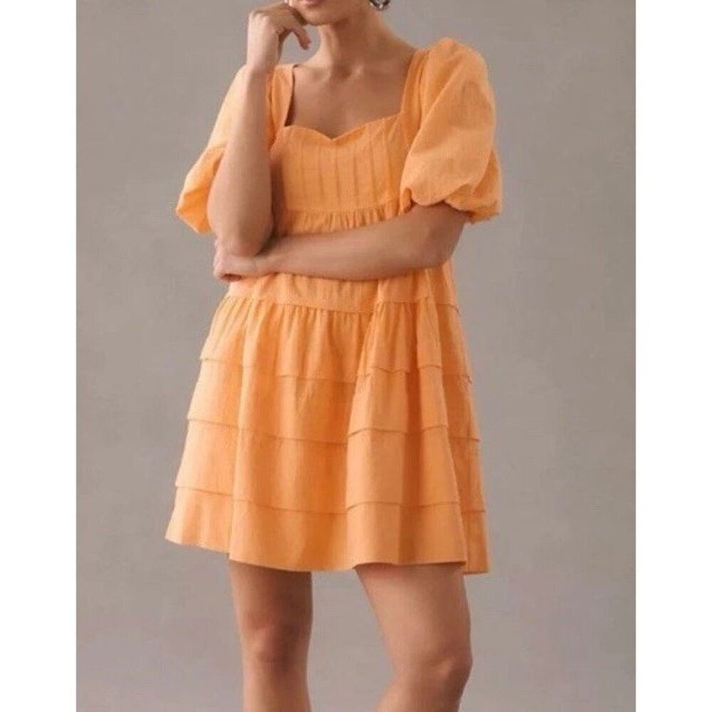 Anthropologie Sz XL Dress Square-Neck Puff Sleeve Tiered Orange Summer Boho